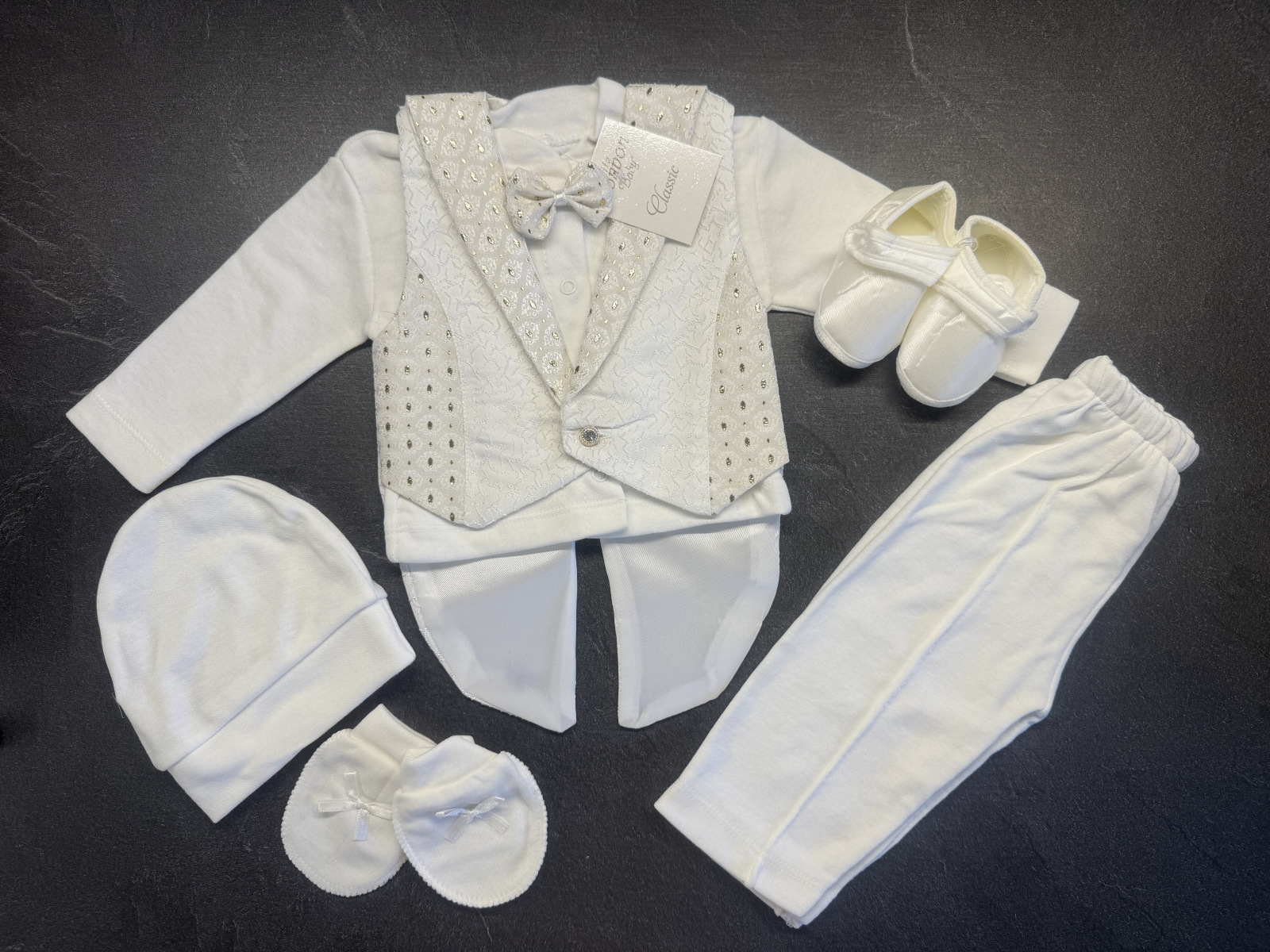 chlapecký komplet na křest smetanová s frakem 5 vel. cca 62/68