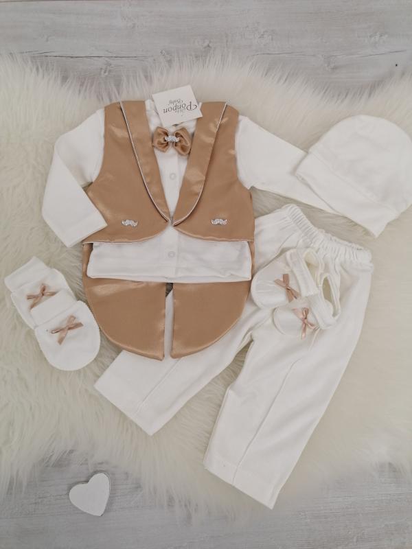 chlapecký komplet na příležitost s frakem - hnědá vel. S cca 62/68