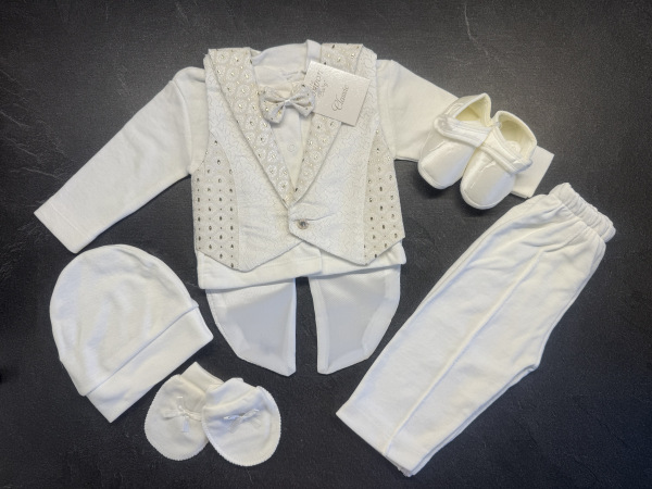 chlapecký komplet na křest smetanová s frakem 5 vel. cca 62/68